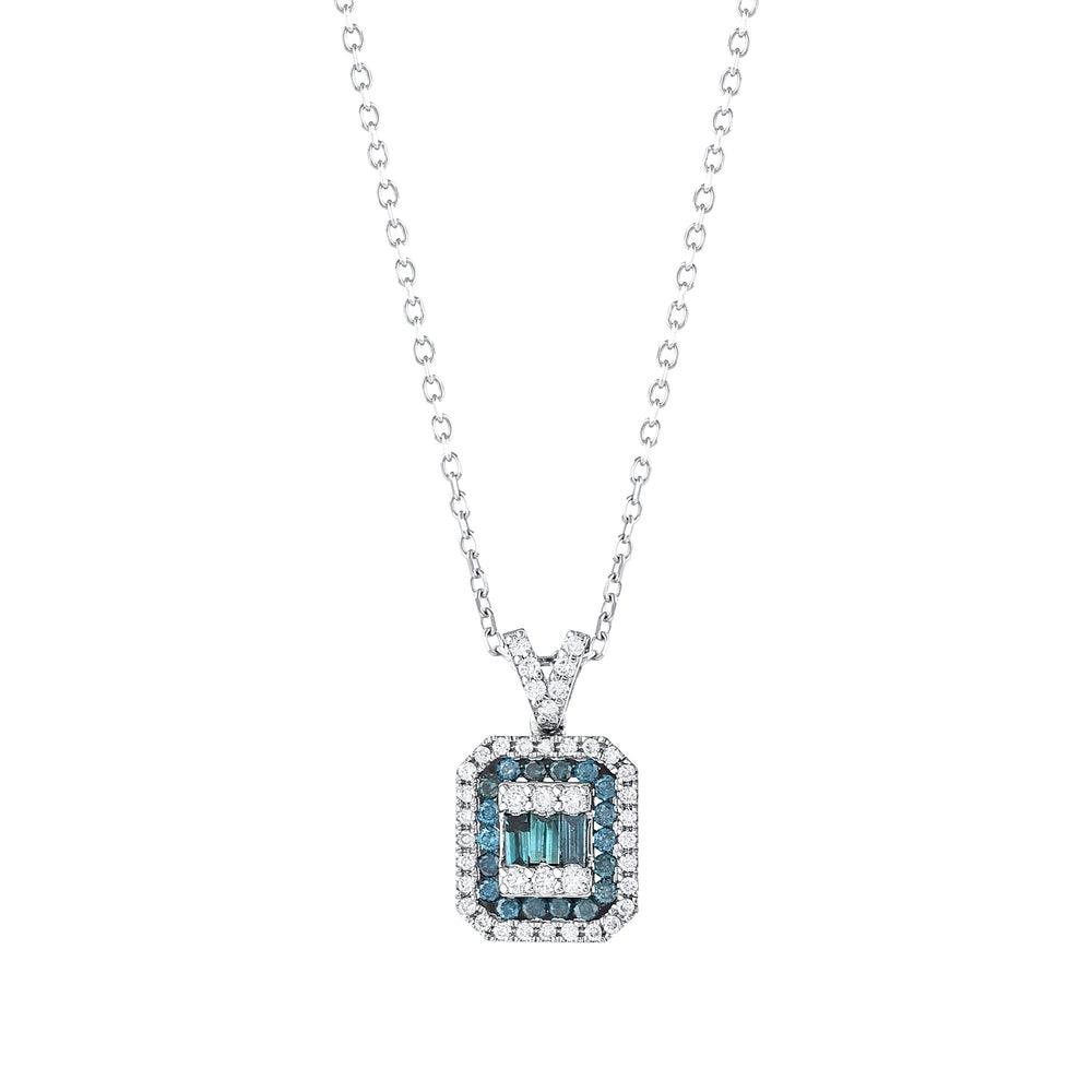 White gold necklace with emerald-cut blue and white diamond halo pendant