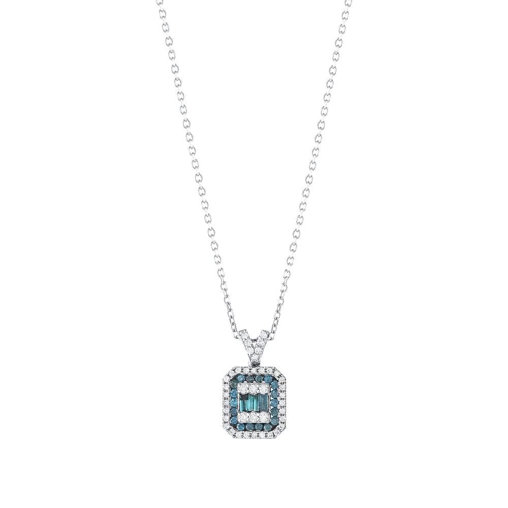 White gold necklace with square blue and white diamond halo pendant on a plain background