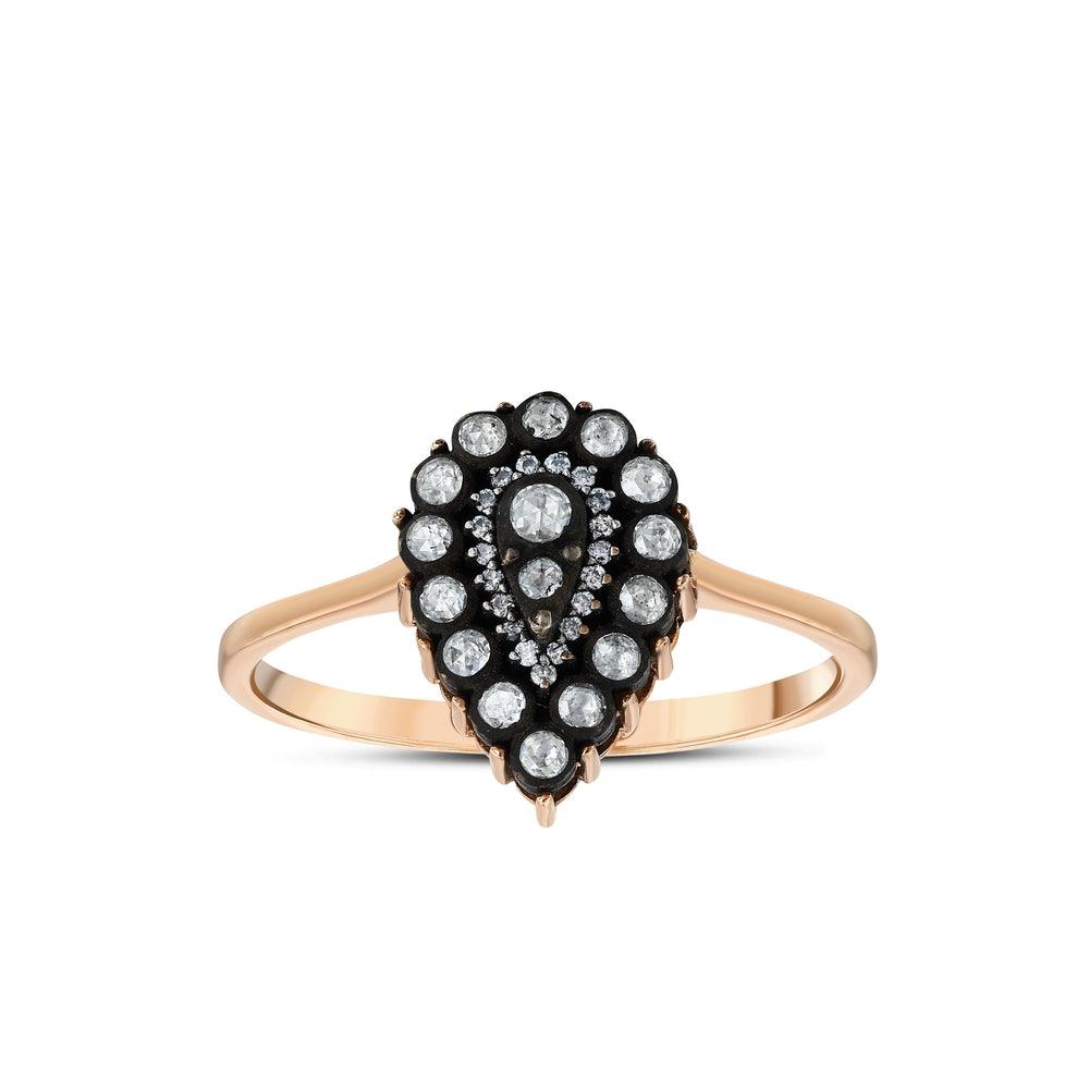 Rose gold ring with pear-shaped black and white diamond cluster design