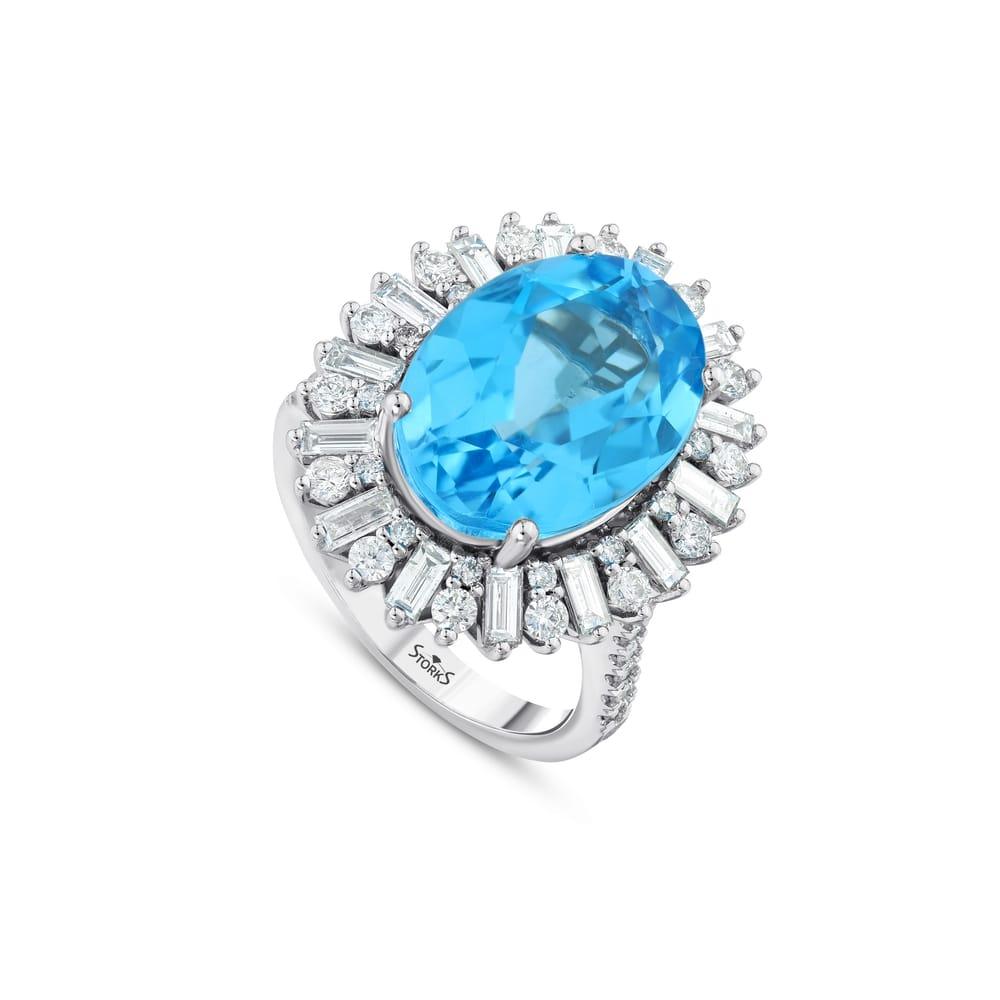 12.87 Karat Blue Topaz Pırlanta Yüzük